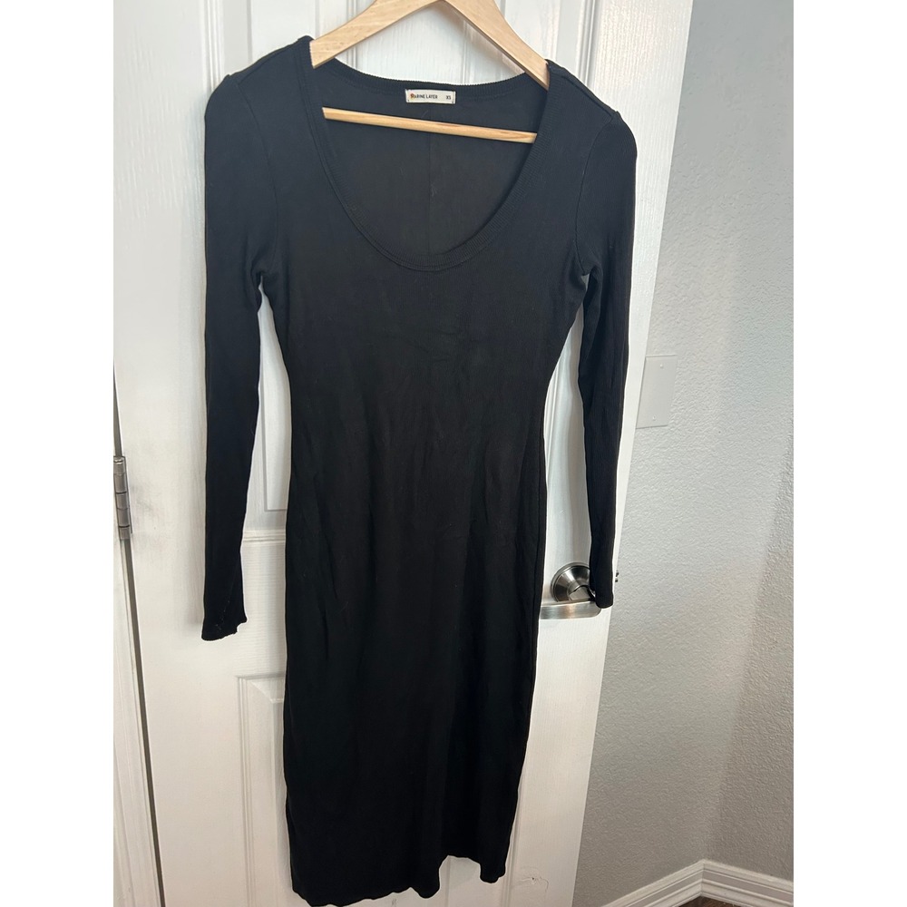 Marine Layer Black Ribbed Scoop Neck Long Sleeve Midi Dress XS‎ 16229 Fall 2023